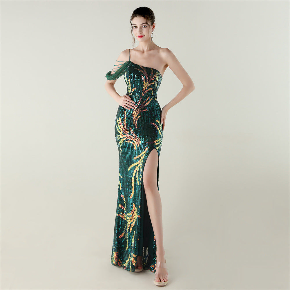 Sequin Mesh Craft Beaded Evening Dress off the Shoulder High Slit Fishtail Dress Swing Cocktail Social Socialite by Ragazza