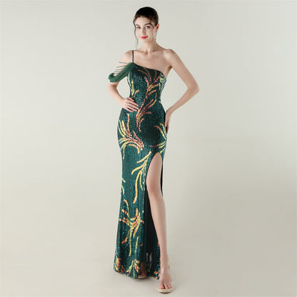 Sequin Mesh Craft Beaded Evening Dress off the Shoulder High Slit Fishtail Dress Swing Cocktail Social Socialite by Ragazza