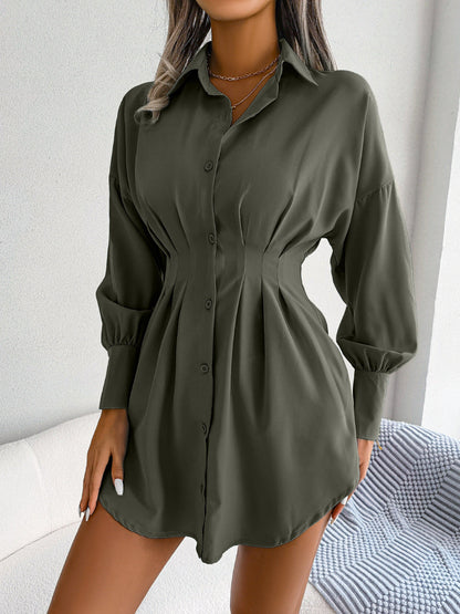 Autumn Winter Casual Lantern Sleeve Waist-Tight Asymmetric Dress Shirt Dress Women Clothing by Ragazza