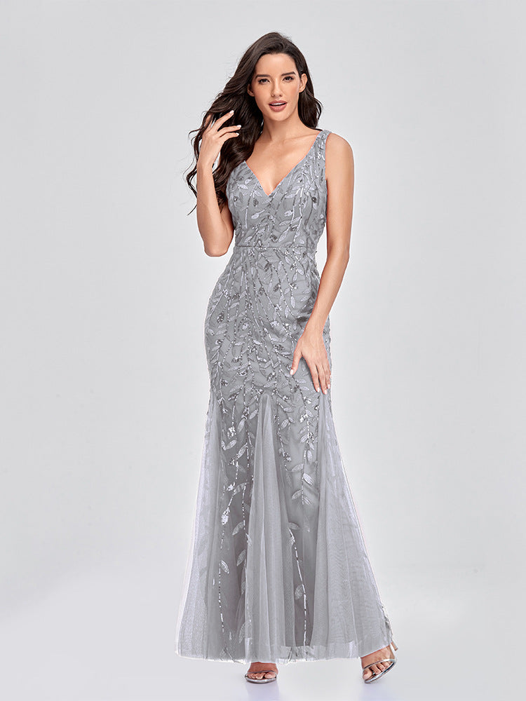 Evening Dress V neck Tulle Embroidered Sequ Sexy Mermaid Prom Dress Women Formal Dress by Ragazza
