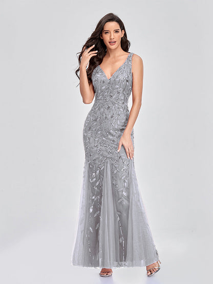 Evening Dress V neck Tulle Embroidered Sequ Sexy Mermaid Prom Dress Women Formal Dress by Ragazza