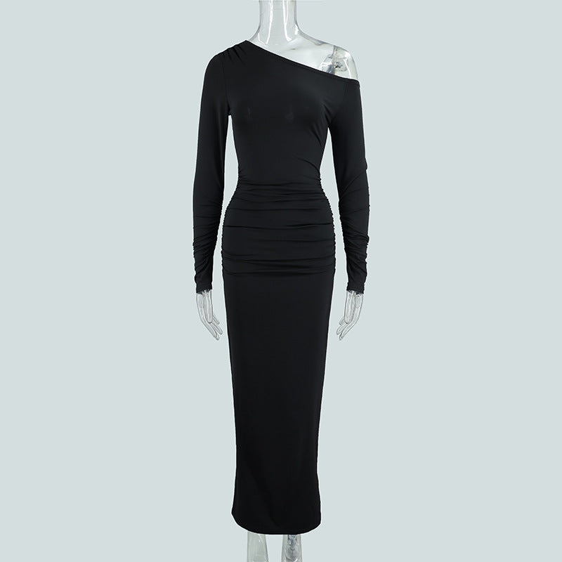 Sexy Women Clothing Sloping-Shoulder off the Shoulder Long Sleeve Slim Fit Pleated Long Socialite Dress by Ragazza