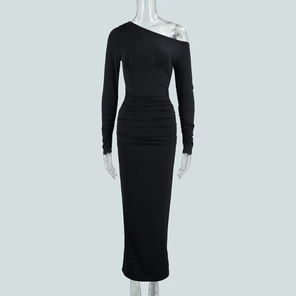 Sexy Women Clothing Sloping-Shoulder off the Shoulder Long Sleeve Slim Fit Pleated Long Socialite Dress by Ragazza