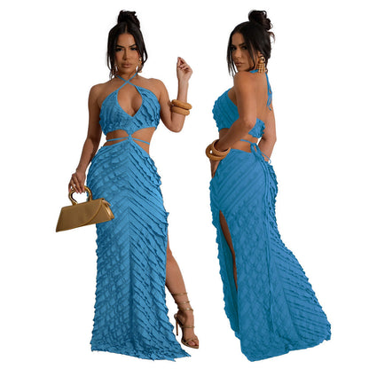 Women Clothing Small Louver Sexy Halter Lace Up Slim Fit Hollow Out Cutout Dress by Ragazza
