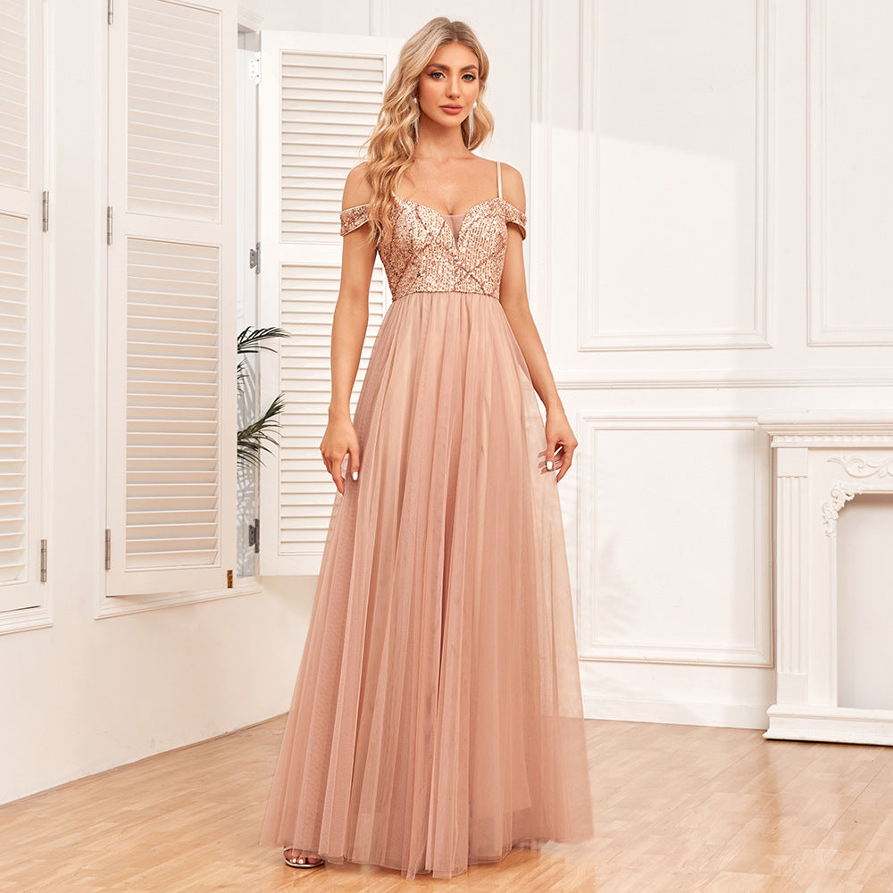 Off The Shoulder Sling Double V neck Sequ Embroidery Stitching Party Dress Elegant A Swing Tulle Dress by Ragazza
