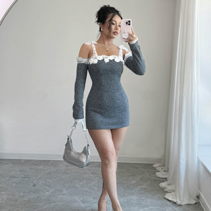 Lace Dress Stitching Hand Crocheting off Shoulder Dress Oversleeves Separated Type Knitted Dress Women Clothing Woolen Dress by Ragazza