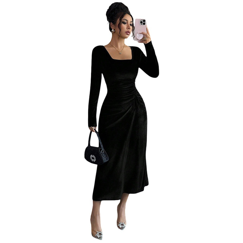 Black Velvet Dress Retro Square Collar Side Waist Pleated Slim Fit Inner Wear Autumn Winter High-Grade Dating Wear by Ragazza