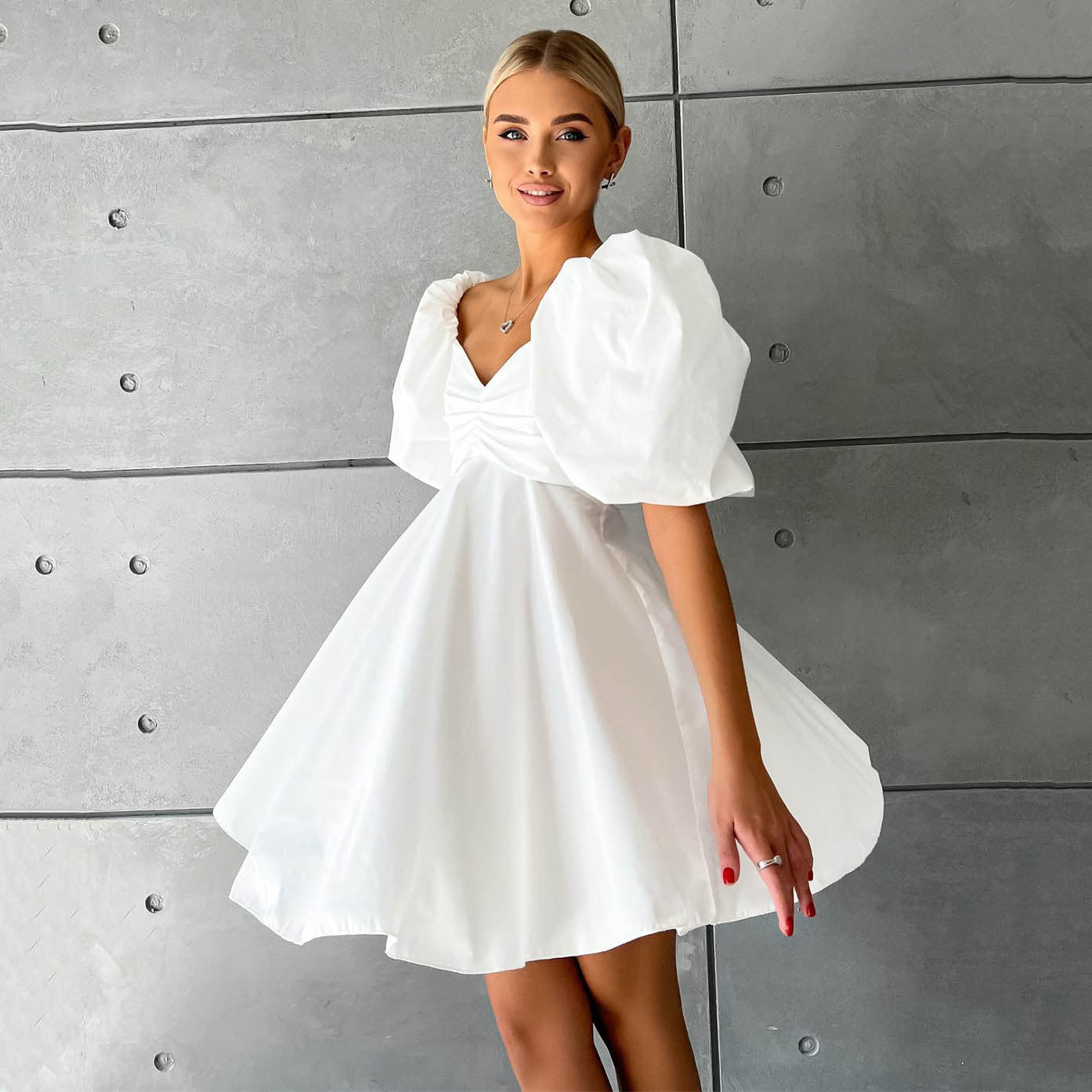 Off Neck Short Dress for Women Summer Puff Sleeve High Waist A line Dress French Princess Dress for Women by Ragazza