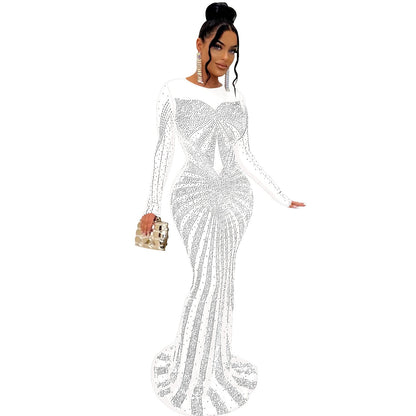 Women Solid Color Mesh See Through Rhinestone Long Sleeve Dress by Ragazza