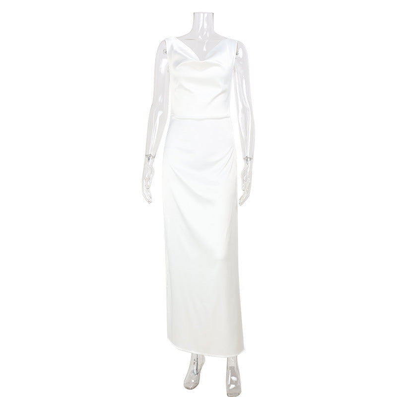 Women Clothing French Sleeveless V neck Texture Satin Long Sleeve Slim Fit Socialite Dress by Ragazza