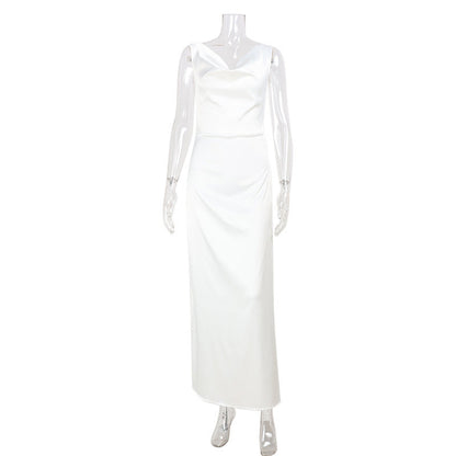 Women Clothing French Sleeveless V neck Texture Satin Long Sleeve Slim Fit Socialite Dress by Ragazza