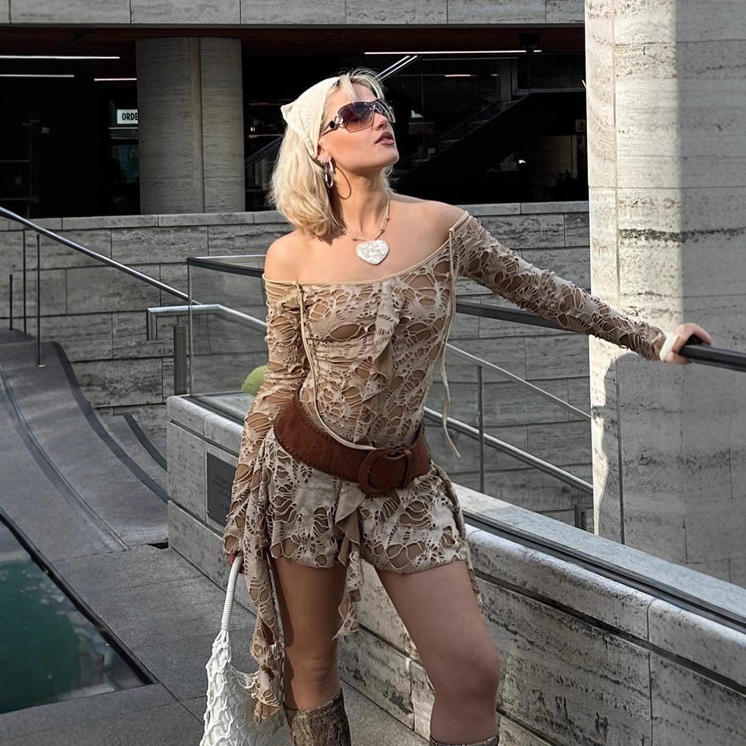 Retro Waste Soil Sexy Ripped Fabric Bell Sleeve off Shoulder Irregular Asymmetric Dress  DestGlow