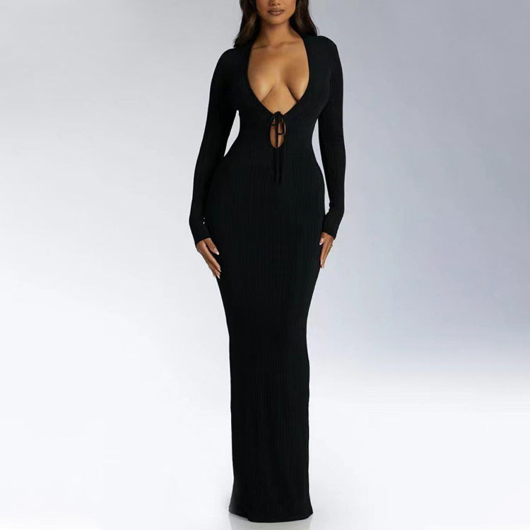 Sexy Deep V Plunge One Step Dress Solid Color Slim Fit Sexy Long Sheath Dress Women by Ragazza