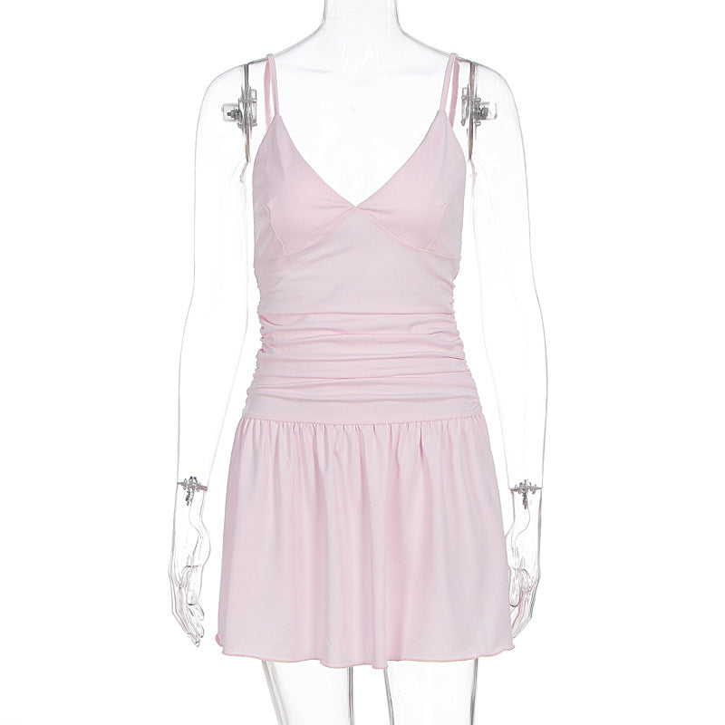 Summer Women Clothing Sexy Deep V Plunge Sling Slim Sheath Pleated Dress by Ragazza