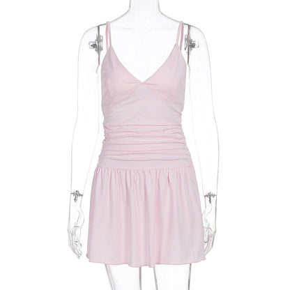 Summer Women Clothing Sexy Deep V Plunge Sling Slim Sheath Pleated Dress by Ragazza
