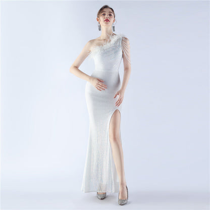 Gradient Sequin Craft Beaded Ostrich Feather Diagonal Collar One Shoulder Long Evening Dress by Ragazza