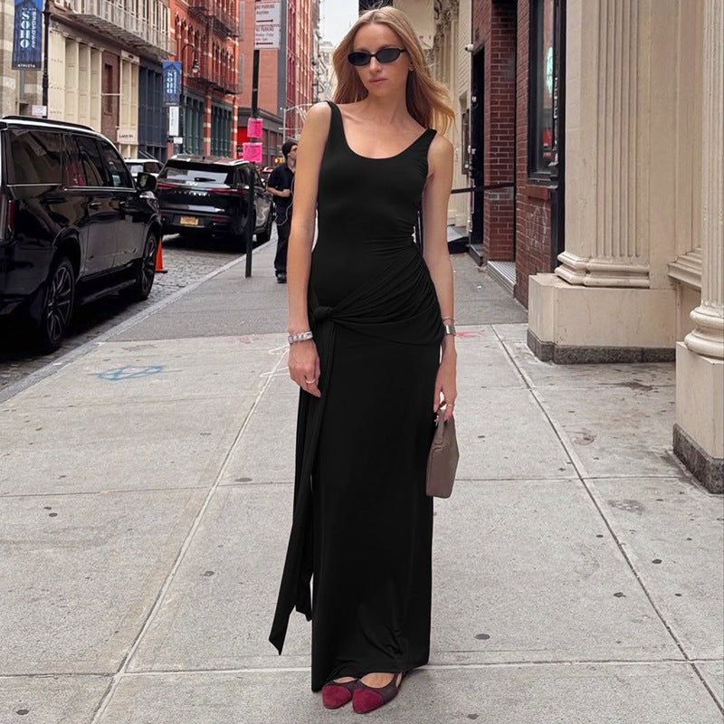 Women Trend Solid Color U Collar Sleeveless Vest Waist Trimming Lace up Tight Dress by Ragazza