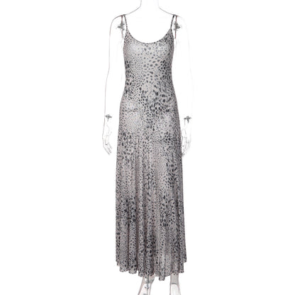 Summer Women Leopard Print Cocktail Sexy Sheer Mesh Splicing Sling One Piece Dress  DestGlow