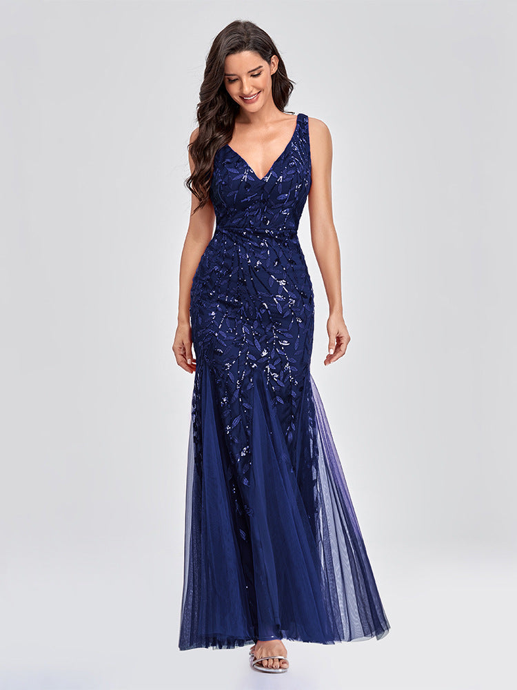 Evening Dress V neck Tulle Embroidered Sequ Sexy Mermaid Prom Dress Women Formal Dress by Ragazza