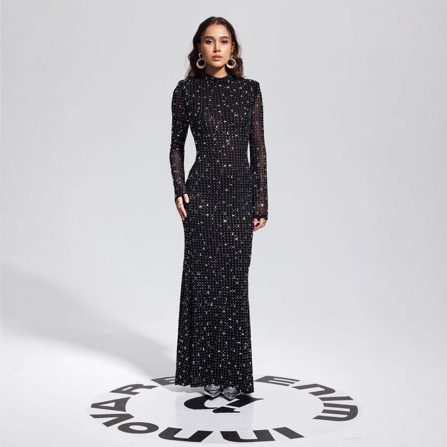Arrival Black Dress Sexy Strap Rhinestone Tight Long Sleeve Dress by Ragazza