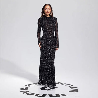 Arrival Black Dress Sexy Strap Rhinestone Tight Long Sleeve Dress by Ragazza