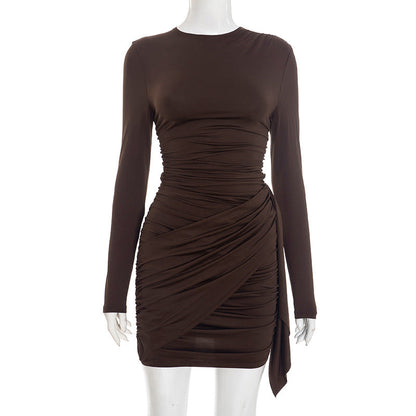 Women Clothing Autumn Winter Solid Color Pleated Streamer Long Sleeve Sheath Slim Short Dress by Ragazza