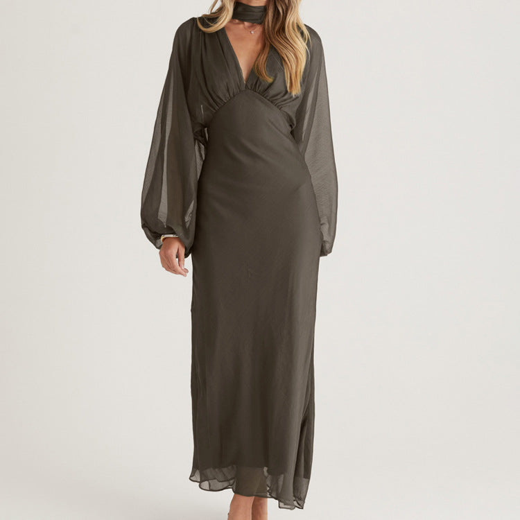 Elegant Women Clothing Autumn Design Pleated Dress Fashionable Scarf V neck Long Sleeve Narrow Maxi Dress by Ragazza