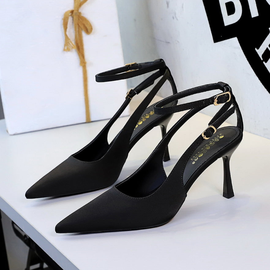 Sexy Leopard Print Stiletto Heels Women Pointed Toe Satin Hollow Out Cutout out Strap Classy Shoes  DestGlow