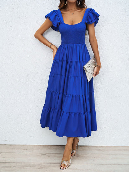 Square Collar Printing Pleated Ruffle Sleeve Elegant Bohemian Printing Dress  DestGlow