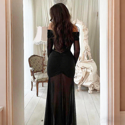 Autumn Winter Women Clothing Sexy Mesh See through off Shoulder Slim Fit Pleated Long Sleeved Dress for Women by Ragazza