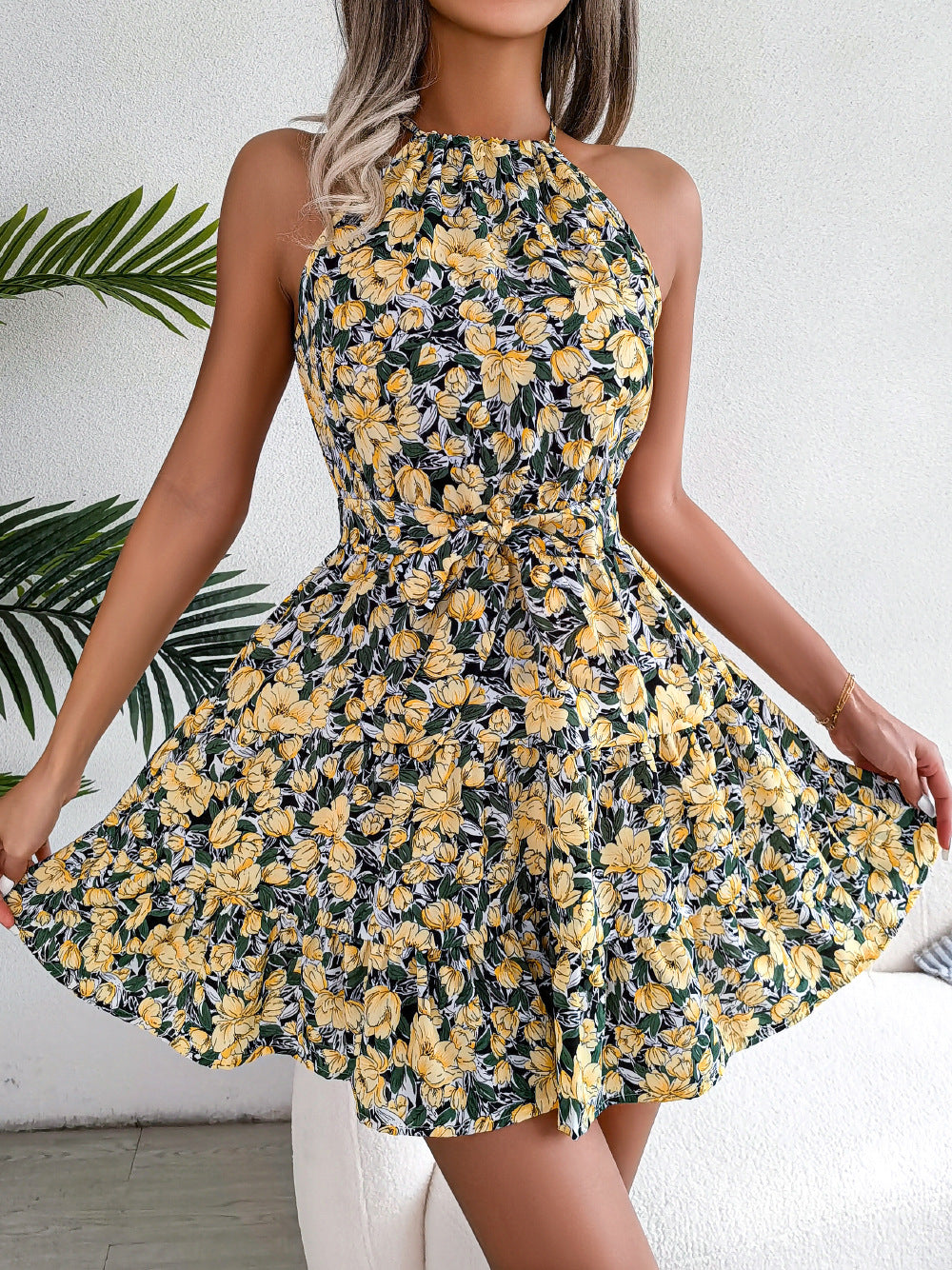 Spring Summer Casual Tied Lotus Leaf Large Swing Floral Dress Women Clothing by Ragazza