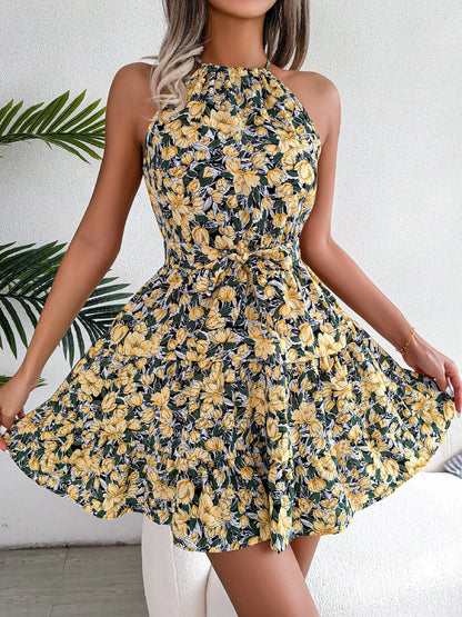 Spring Summer Casual Tied Lotus Leaf Large Swing Floral Dress Women Clothing by Ragazza