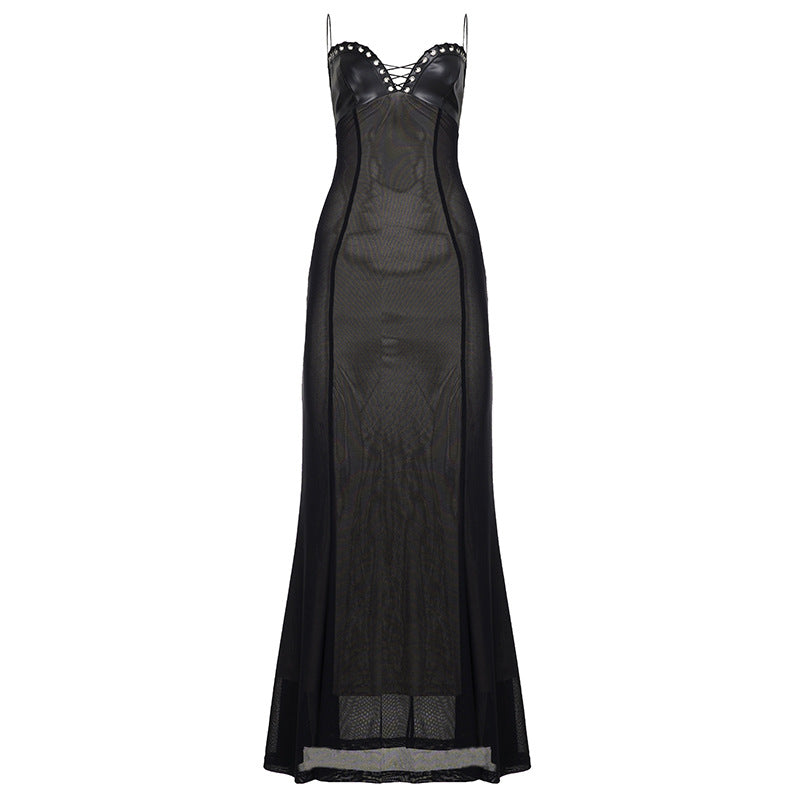 Sexy Elegant Lace up Chest Cover Eyelet Halter Dress Mesh Leather Slim Fit Patchwork Hip Wrapped Dress by Ragazza