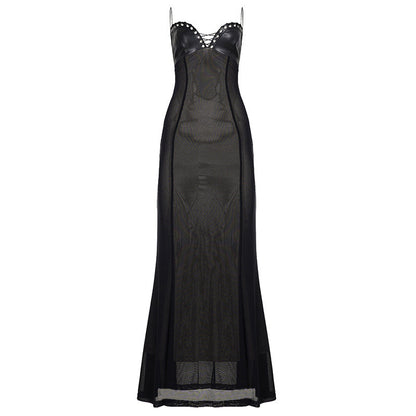 Sexy Elegant Lace up Chest Cover Eyelet Halter Dress Mesh Leather Slim Fit Patchwork Hip Wrapped Dress by Ragazza