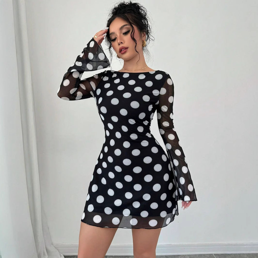 Spring Summer Lady Sexy Polka Dot Backless Mesh Flare Sleeve Mini Dress by Ragazza