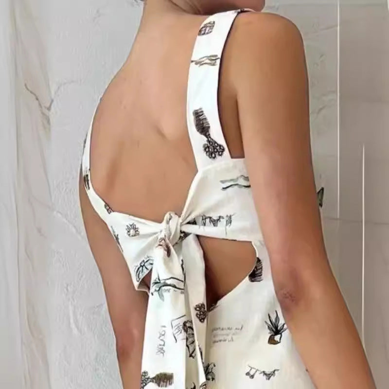 Bow Bandage Summer Maxi Dress Women Cothing Printed Sleeveless Office Long Suspender Amplified craft by Ragazza