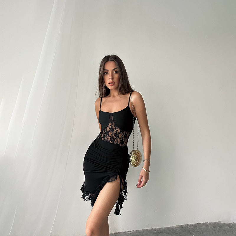 Sexy Strap Lace Stitching Hollow Out Cutout Slim Irregular Asymmetric Dress Short Dress by Ragazza