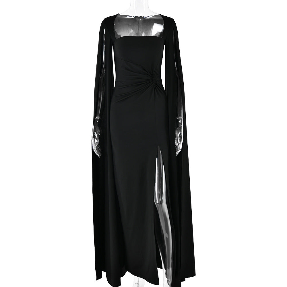 Dress Square Collar Mop Long Sleeve High Slit Solid Color Sexy Dress by Ragazza