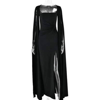 Dress Square Collar Mop Long Sleeve High Slit Solid Color Sexy Dress by Ragazza