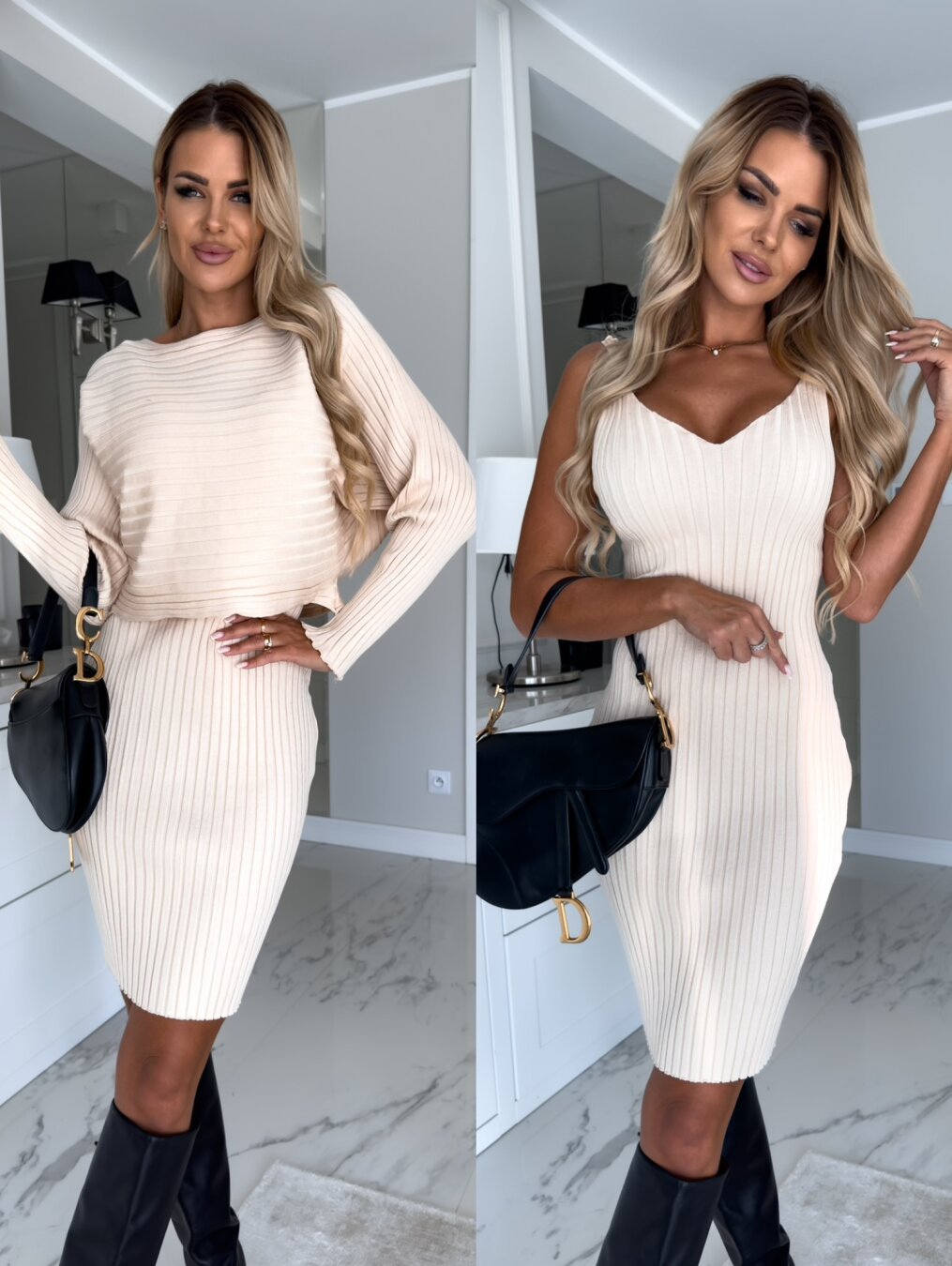 Women Autumn Sunken Stripe Long Sleeved Top Suspender Two Piece Sets by Ragazza