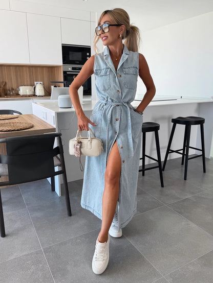 Women Sleeveless Long Tie Waist Single Breasted Denim Dress by Ragazza