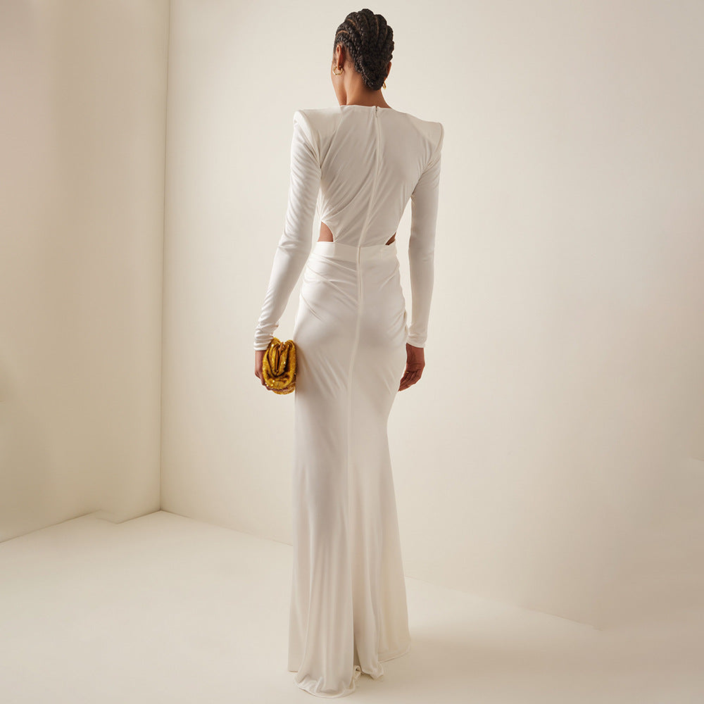 White Long Sleeve Pleating Hollow Out Cutout Cross Dress V Neck Metal Waist Women Clothing by Ragazza