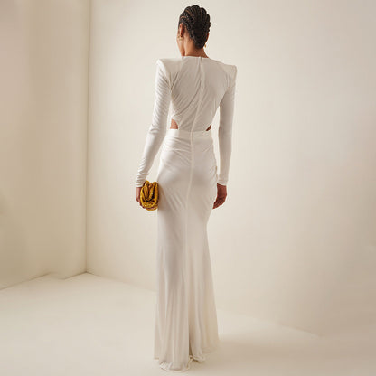 White Long Sleeve Pleating Hollow Out Cutout Cross Dress V Neck Metal Waist Women Clothing by Ragazza