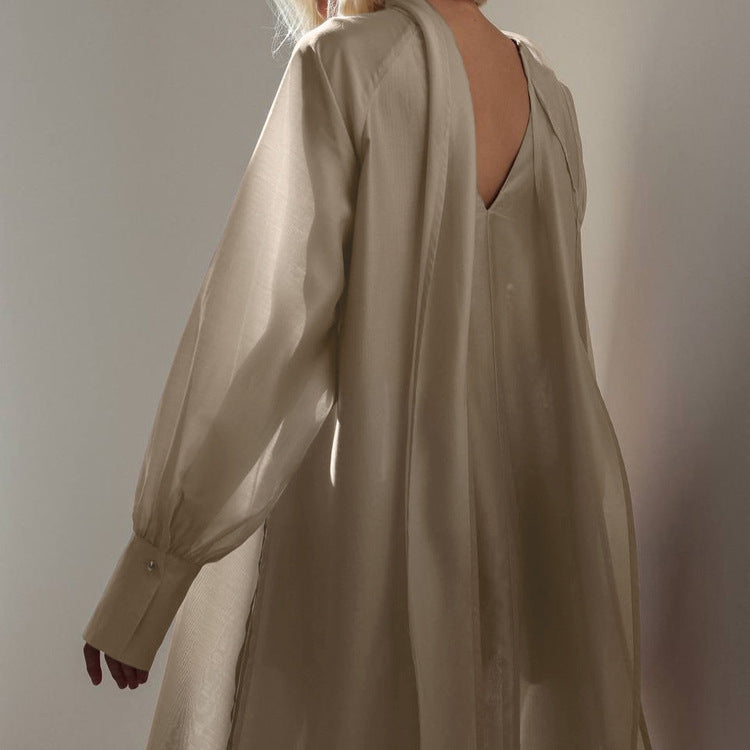 Women Clothing Stand up Collar Tie Dress Long Sleeve Side Slit Loose Casual Dress by Ragazza