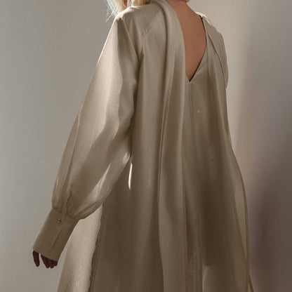 Women Clothing Stand up Collar Tie Dress Long Sleeve Side Slit Loose Casual Dress by Ragazza