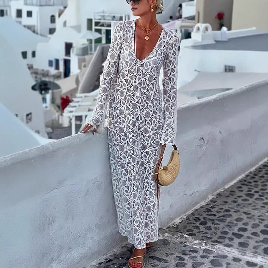 Spring Summer Long Sleeve See through Lace up Dress Loose Vacation Split Dress by Ragazza