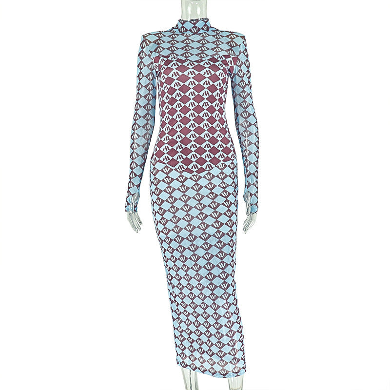 Women Clothing Micro Transparent Printing Slim One Step Hip Turtleneck Long Sleeve Dress by Ragazza