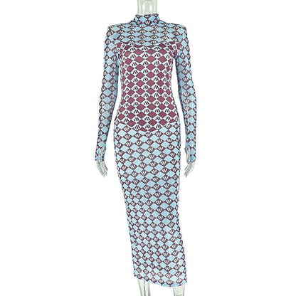 Women Clothing Micro Transparent Printing Slim One Step Hip Turtleneck Long Sleeve Dress by Ragazza