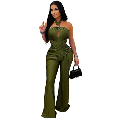 Women Wear Solid Color Elegant Halter Wide Leg Arm Covering Jumpsuit by Ragazza