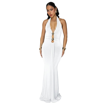 Women Wear Sexy Backless Halter Deep V Plunge Neck Solid Color Dress by Ragazza